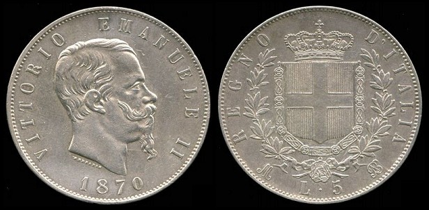 Italia, 5 liras, 1872. 95-8