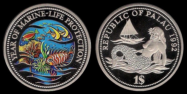 BU coin wildlife Details about   2002 Palau 1 dollar Butterfly fish Puffer Mermaid animal 